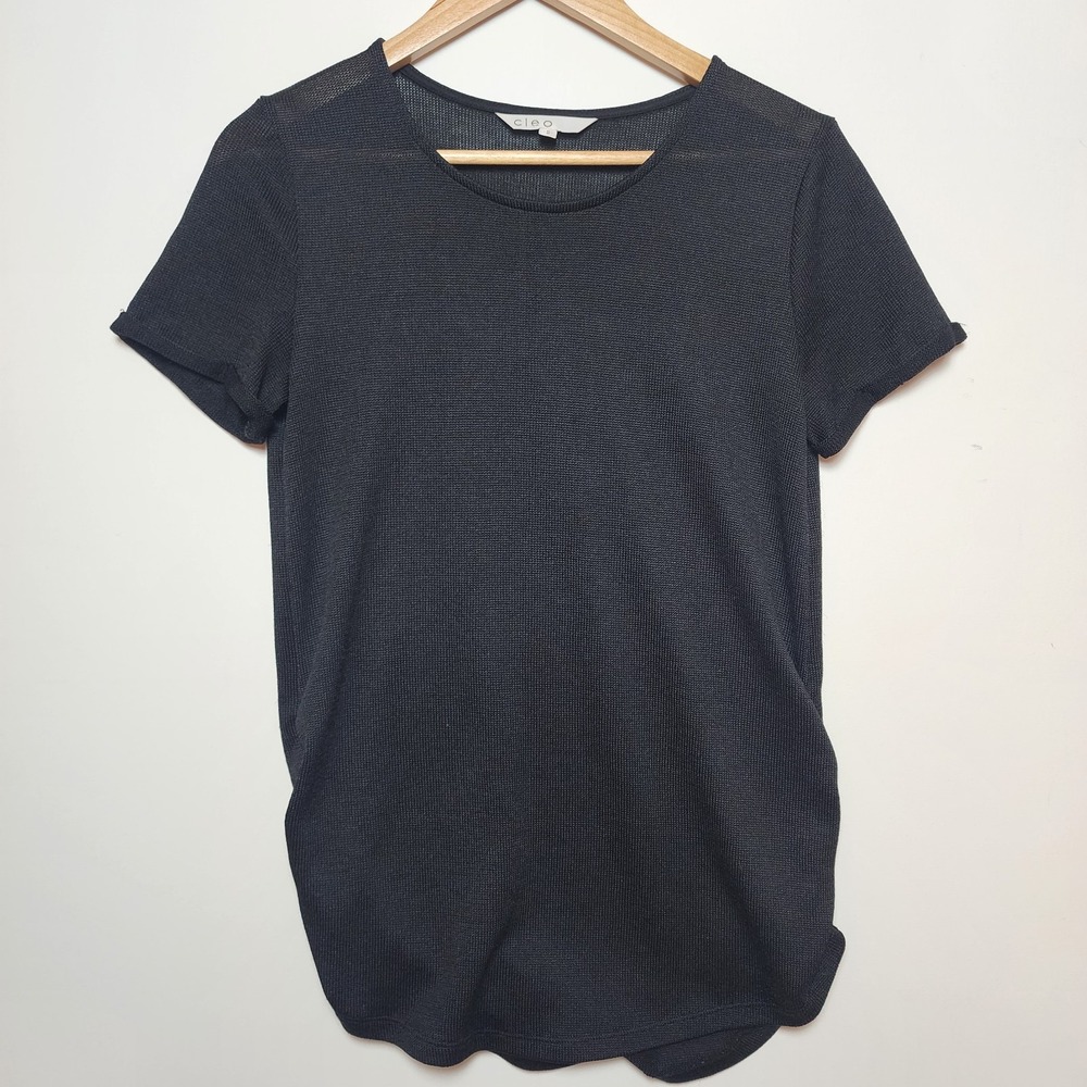 Cleo Short Sleeve Fine Knit Textured Solid Black Top Size Medium